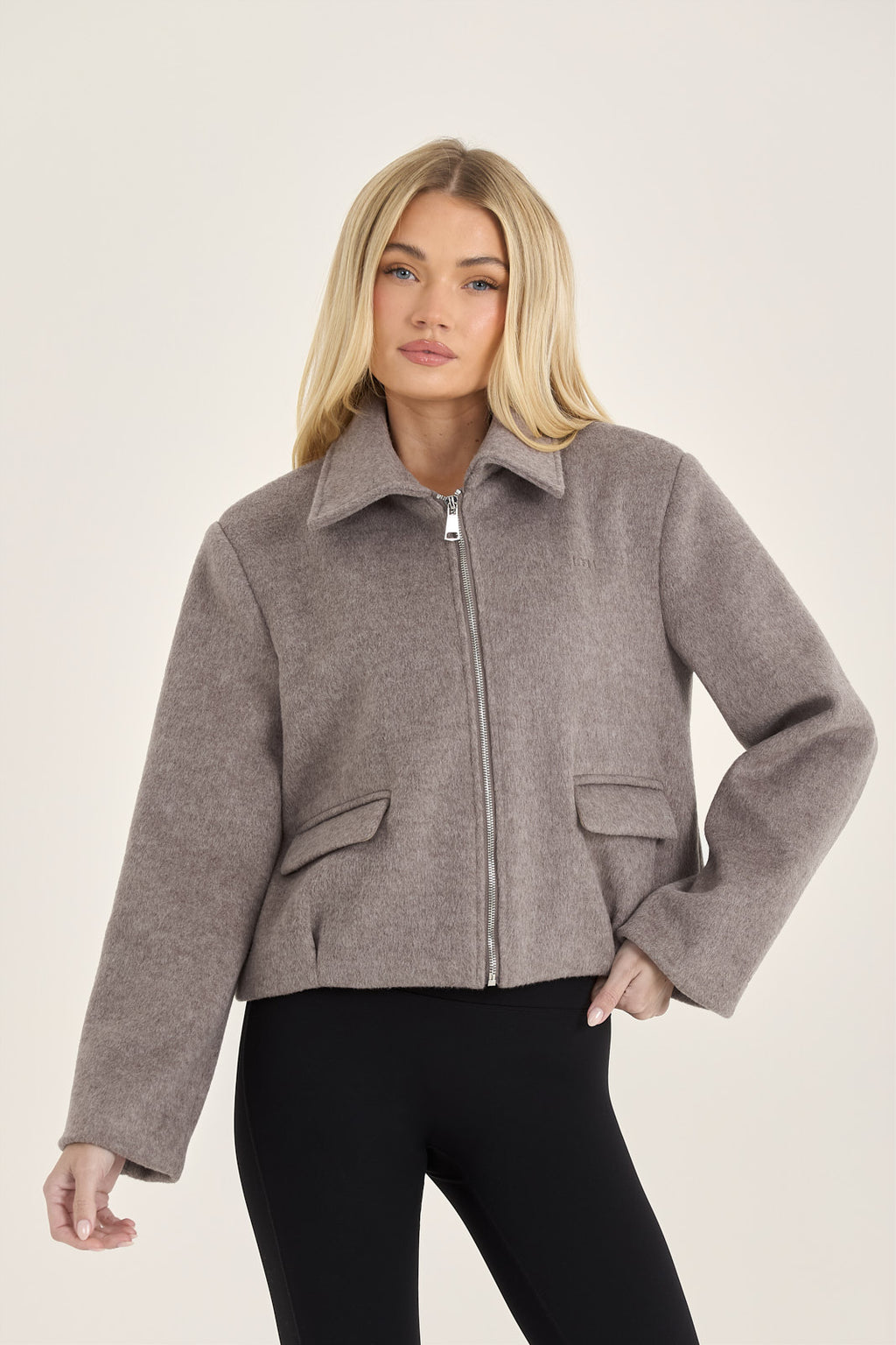 Wool Blend Collared Zip Up Jacket