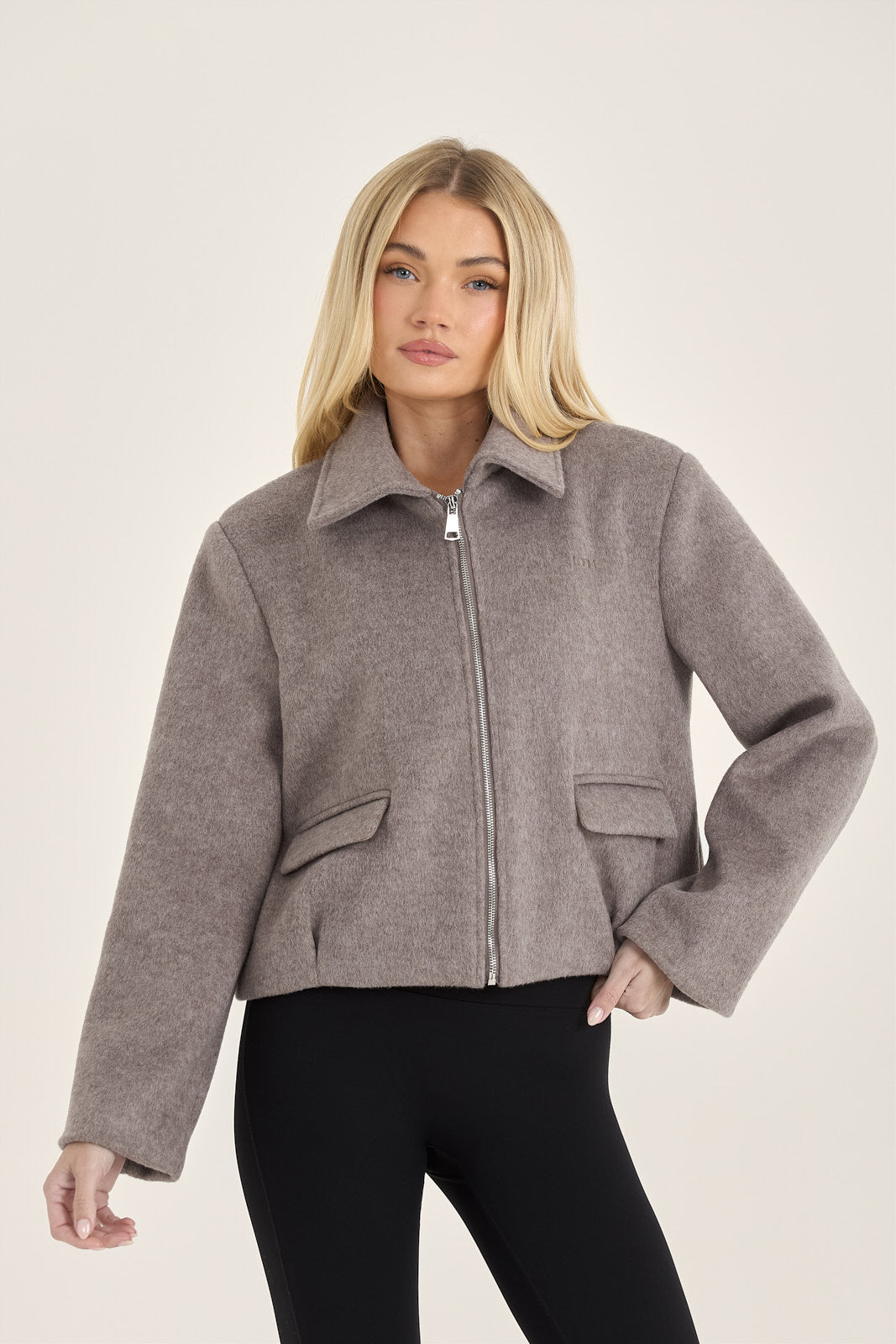 Wool Blend Collared Zip Up Jacket