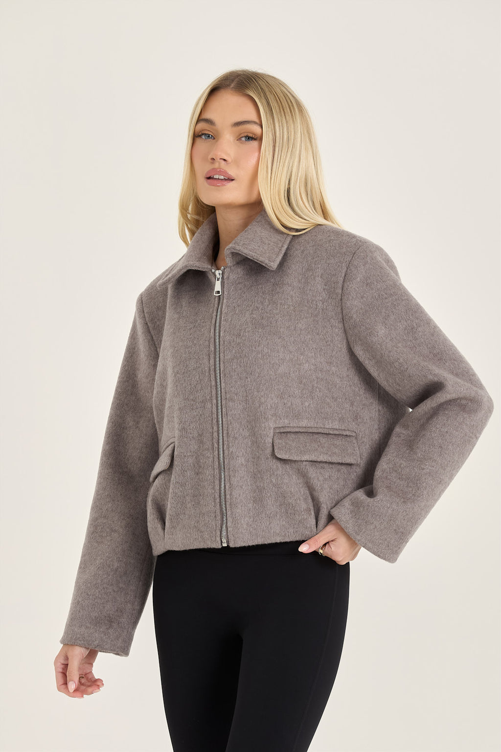 Wool Blend Collared Zip Up Jacket